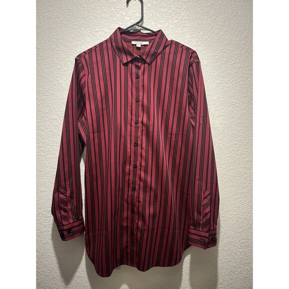 Chicos Blouse Size 2 Large, Red Black Striped Button Up Woman’s Career Office - Picture 1 of 7